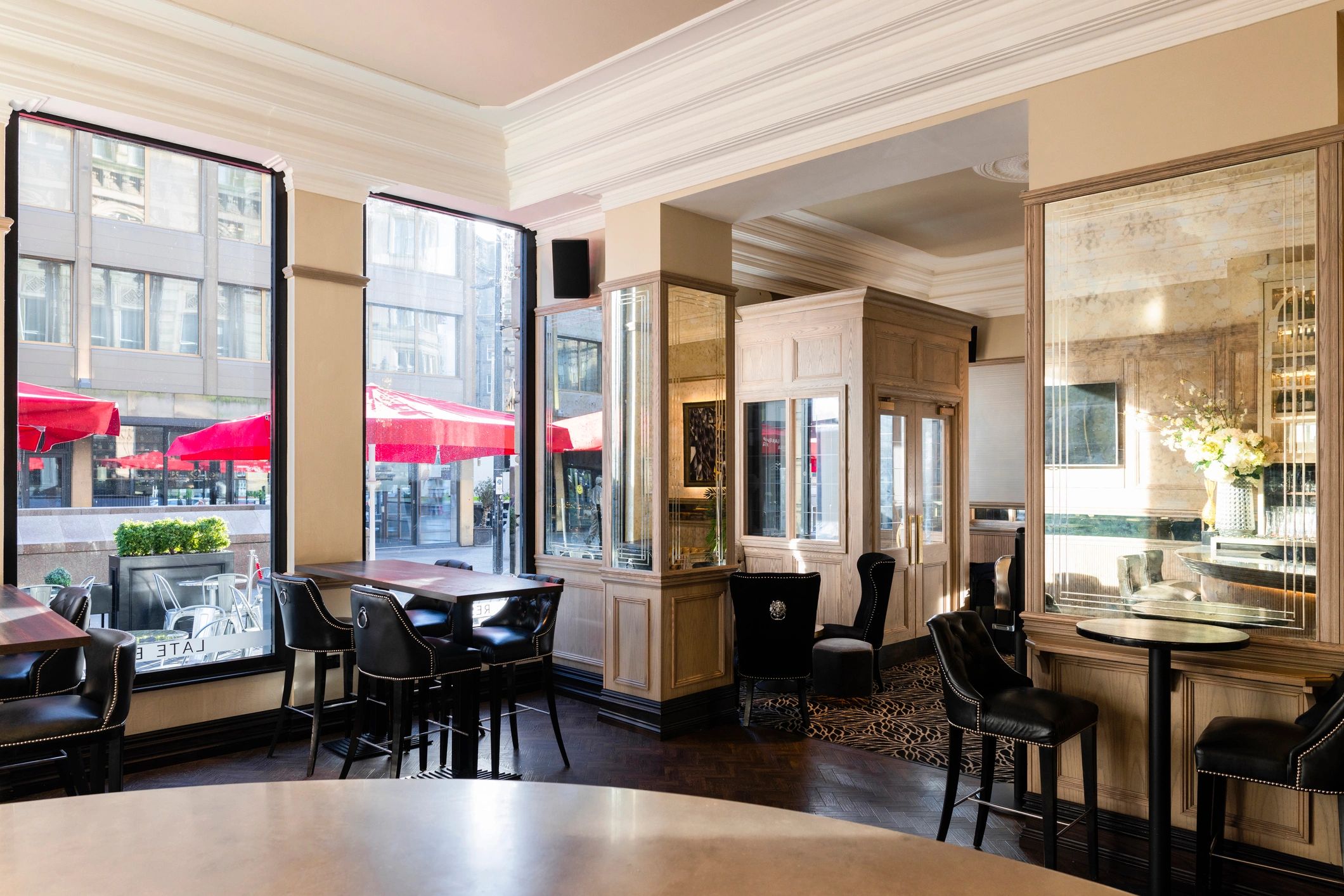 Hospitality bar or lounge interior with seating