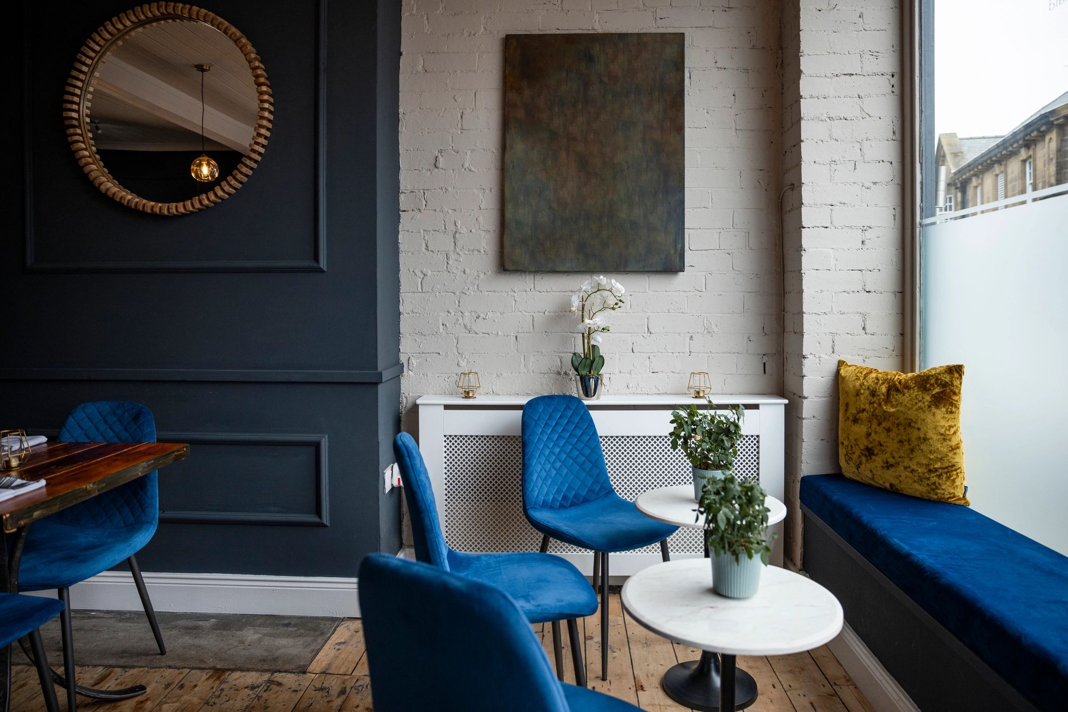 Modern lobby-style interior seating area