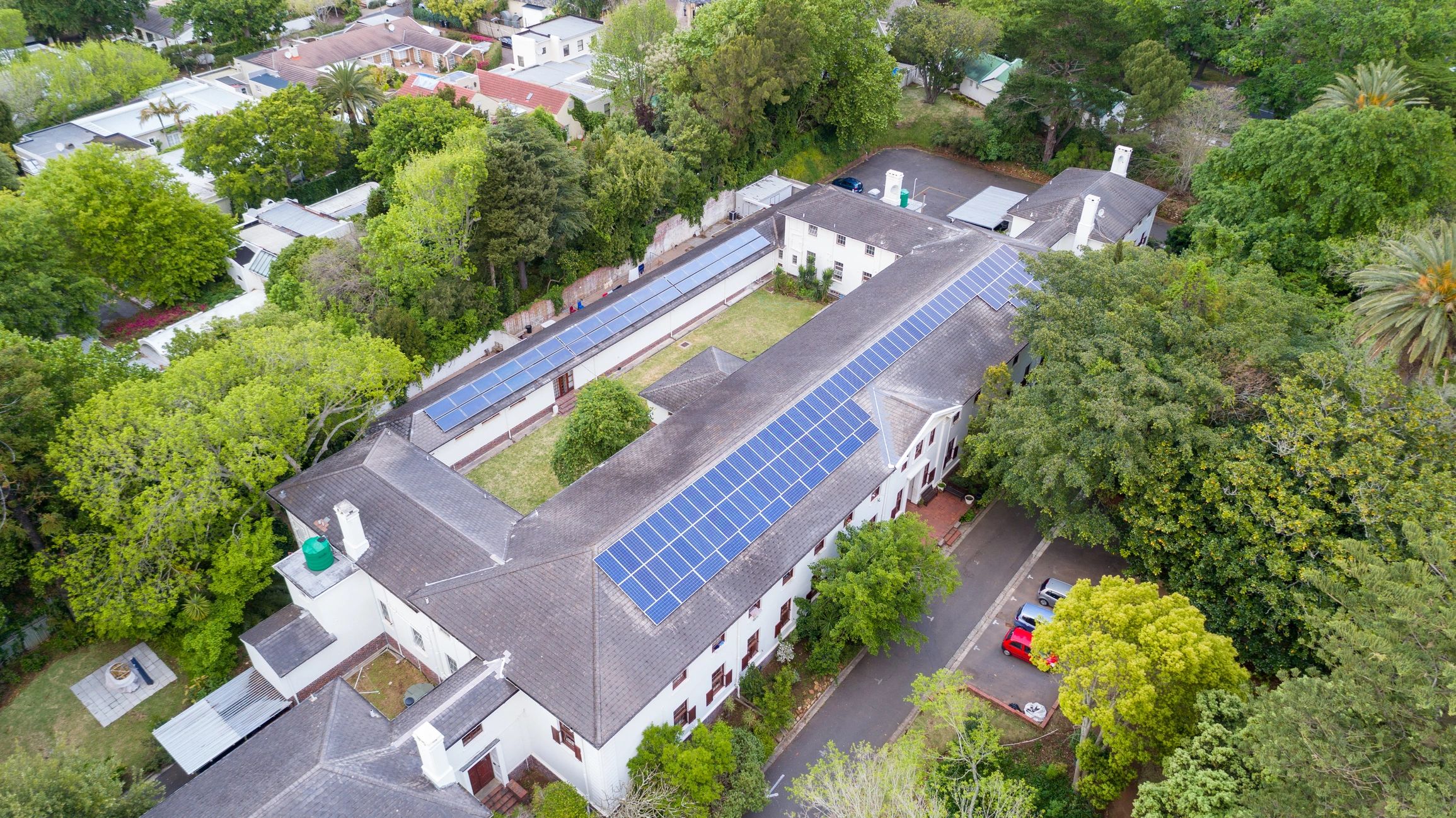 Rooftop solar panels on a large building