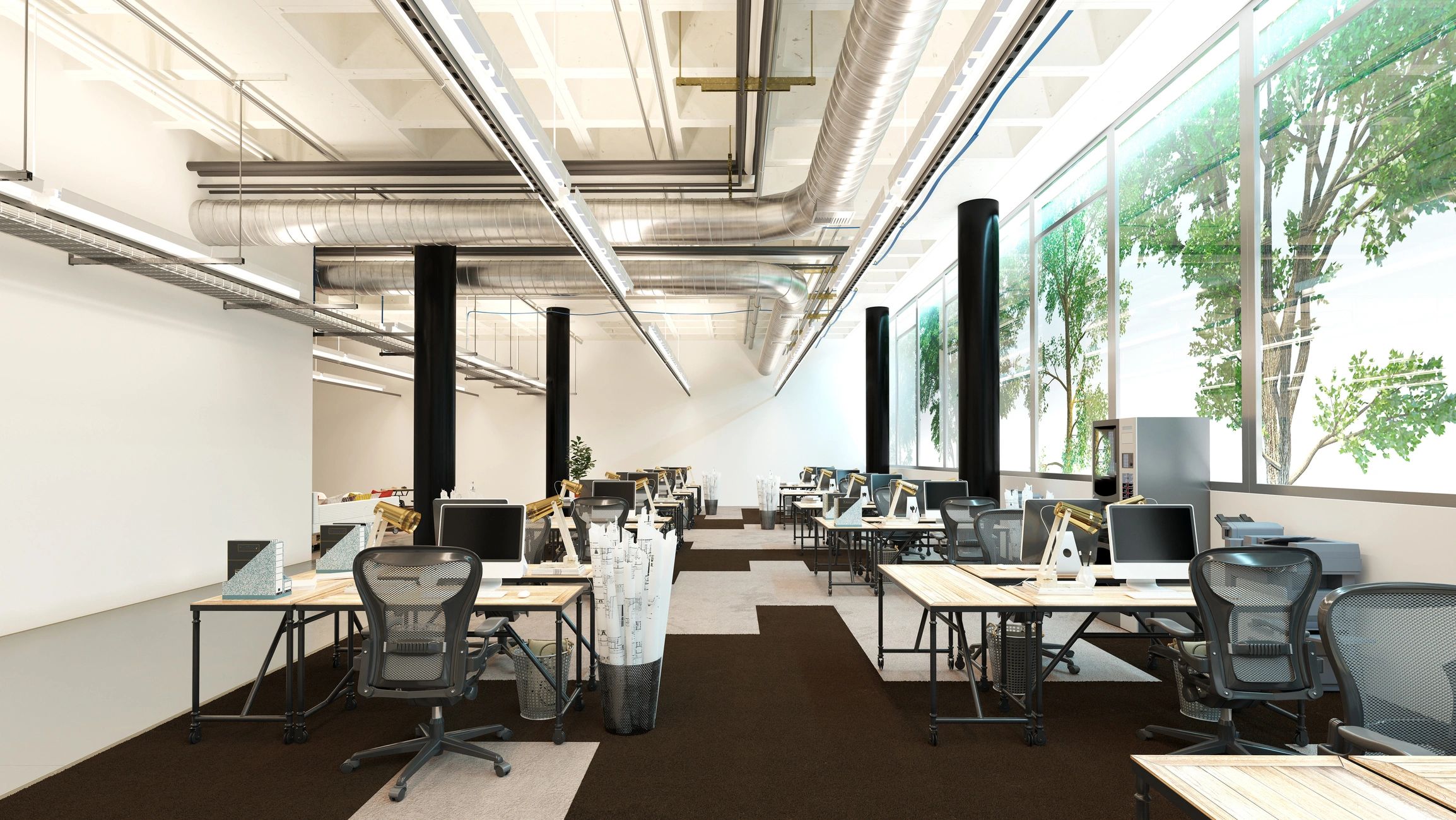 Modern open-plan office interior with industrial-style ceiling