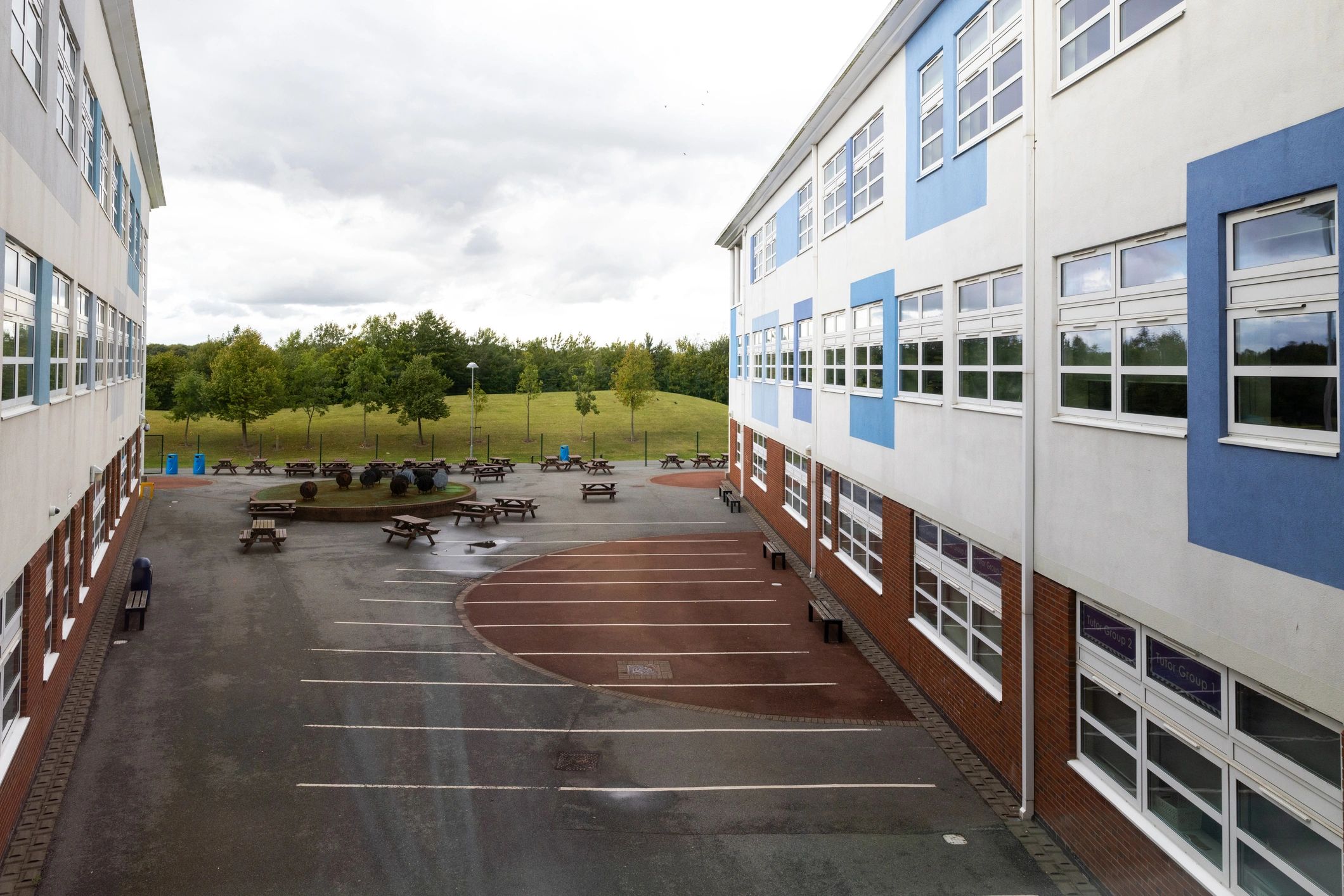 School campus exterior and outdoor yard area