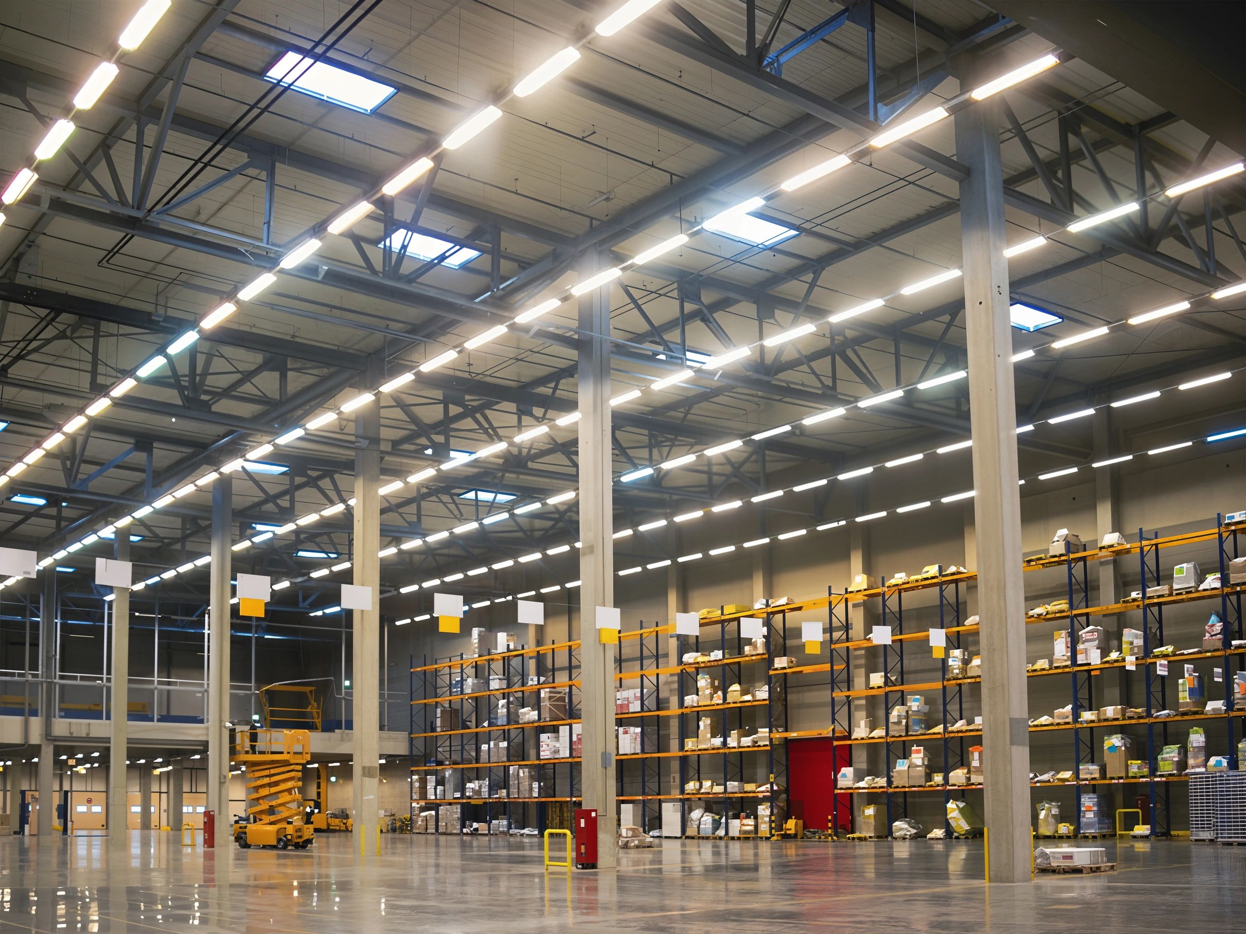 Modern warehouse interior with shelving and bright lighting